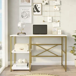Scrivania Dprestifilipp, 120x60 h75 cm, Bianco e Oro<Dmora Flash Sale