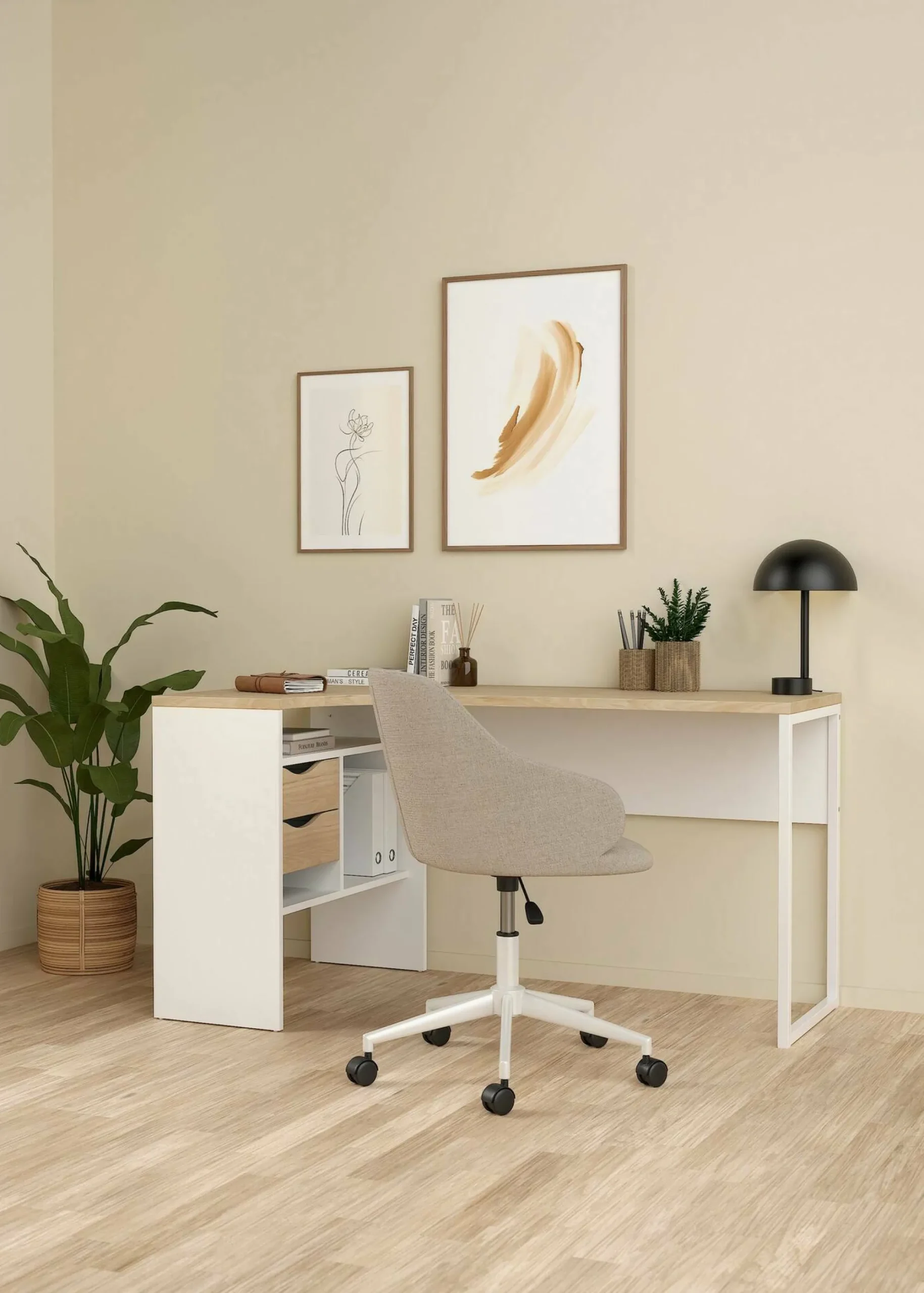 Scrivania Dturr, 81x145 h77 cm, Bianco e Rovere<Dmora Fashion