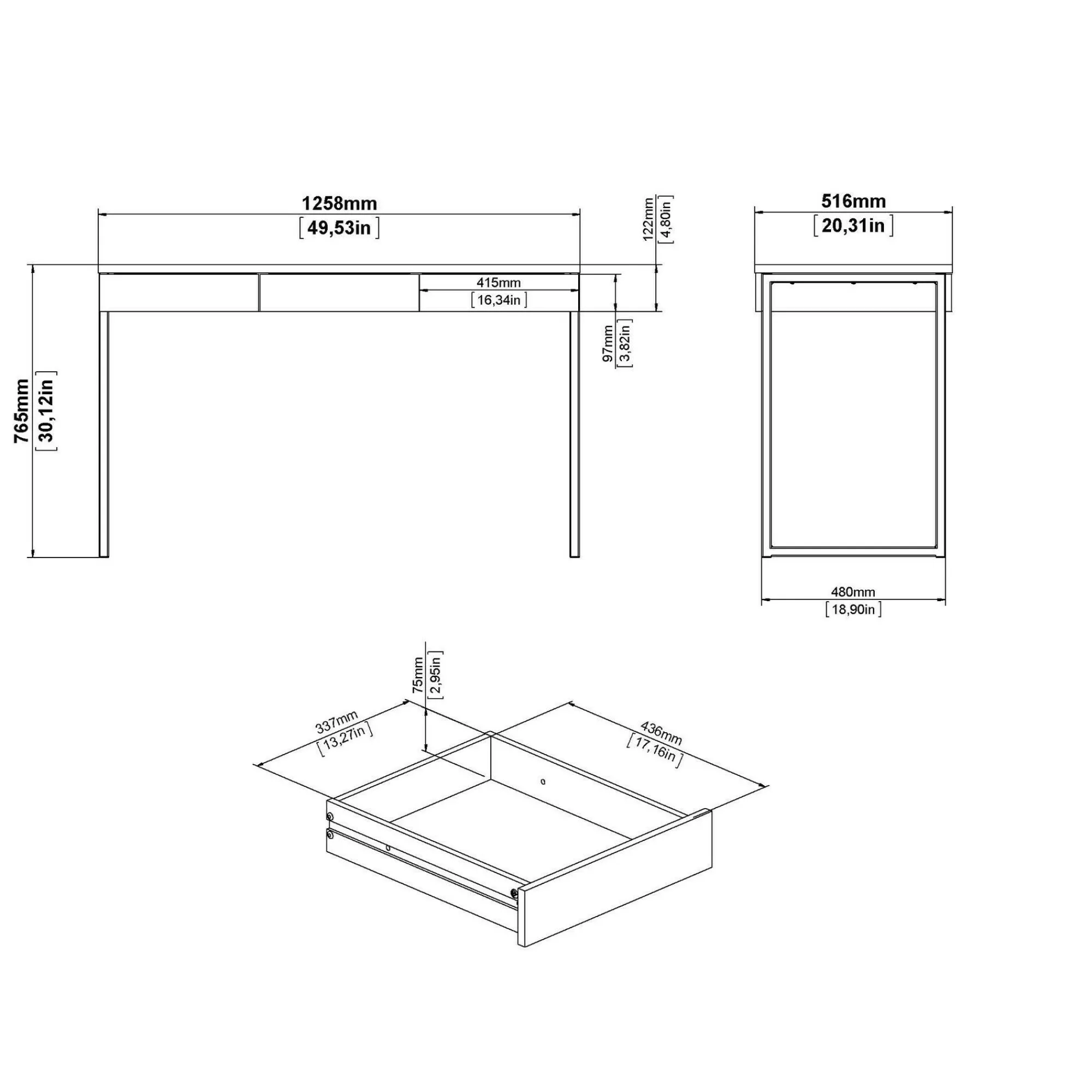 Scrivania Pascale, Scrittoio multiuso, Tavolo per ufficio porta PC, Piano di lavoro, 126x52 h77 cm, Bianco<Dmora Store