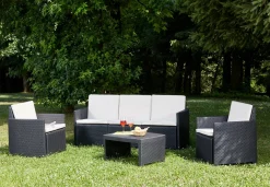 Set da giardino outdoor, Salottino da esterno con 2 poltrone, 1 divano e 1 tavolino, con cuscini, 100% Made in Italy,<Dmora Best