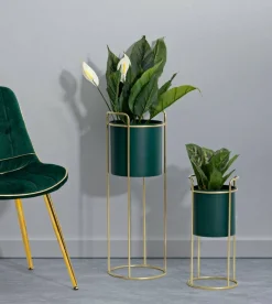 Set di 2 portavasi Rangone, 24x24 h70 cm, Verde e Oro<Dmora Cheap