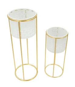 Set di 2 vasi Dore, 17x17 h46 cm, Bianco e Oro<Dmora New