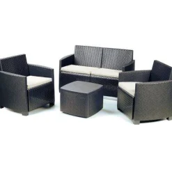 Set salotto da esterno Lecce, Set da giardino con cuscini composto da 2 poltrone, 1 divano e 1 tavolino, Salottino indoor, 100% Made in Italy,<Dmora Fashion