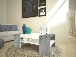 Tavolino da salotto Ashar, cm 110x60h40, Bianco lucido e Cemento<Dmora Hot
