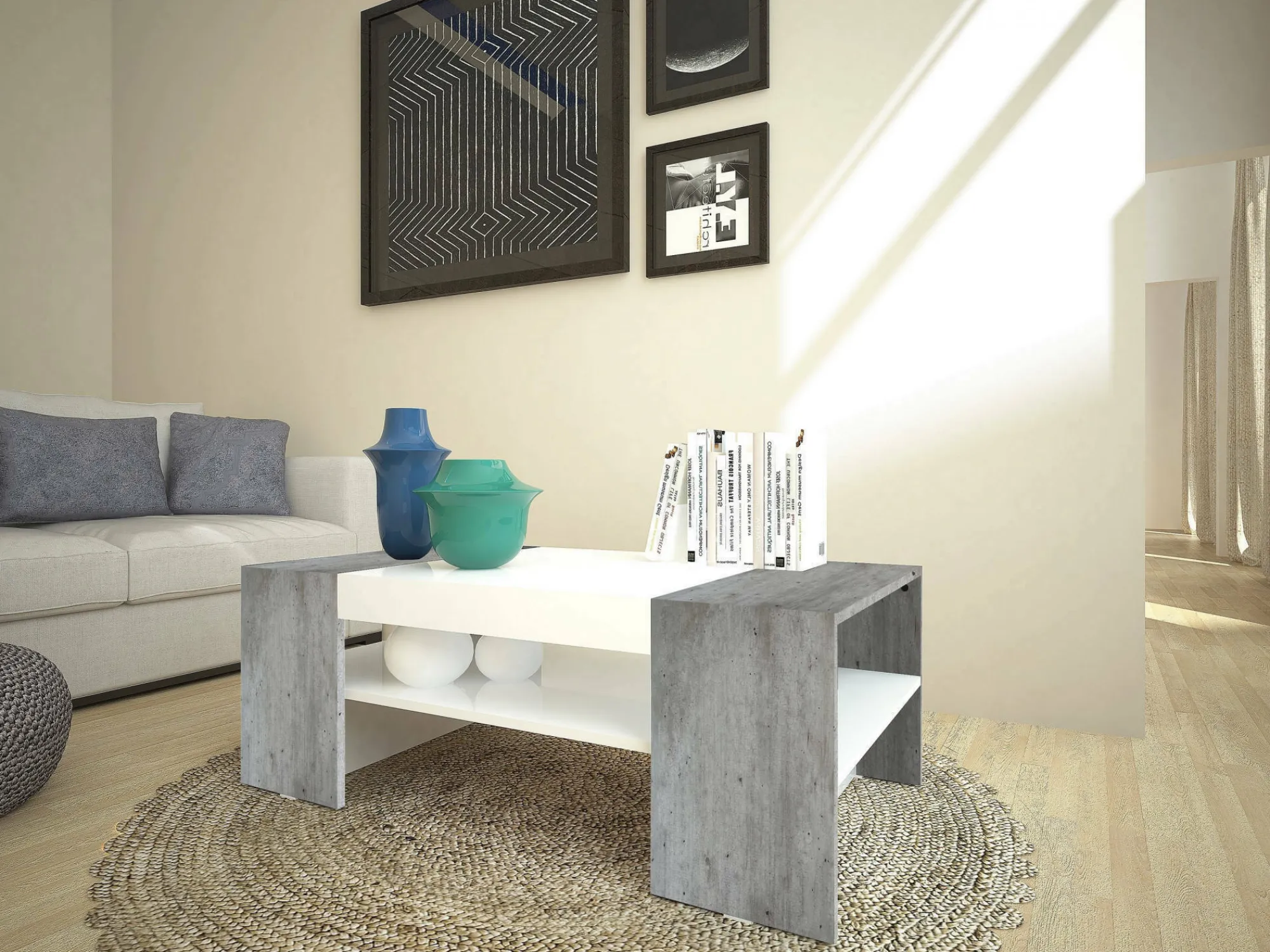 Tavolino da salotto Ashar, cm 110x60h40, Bianco lucido e Cemento<Dmora Hot