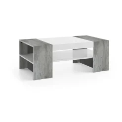 Tavolino da salotto Ashar, cm 110x60h40, Bianco lucido e Cemento<Dmora Hot