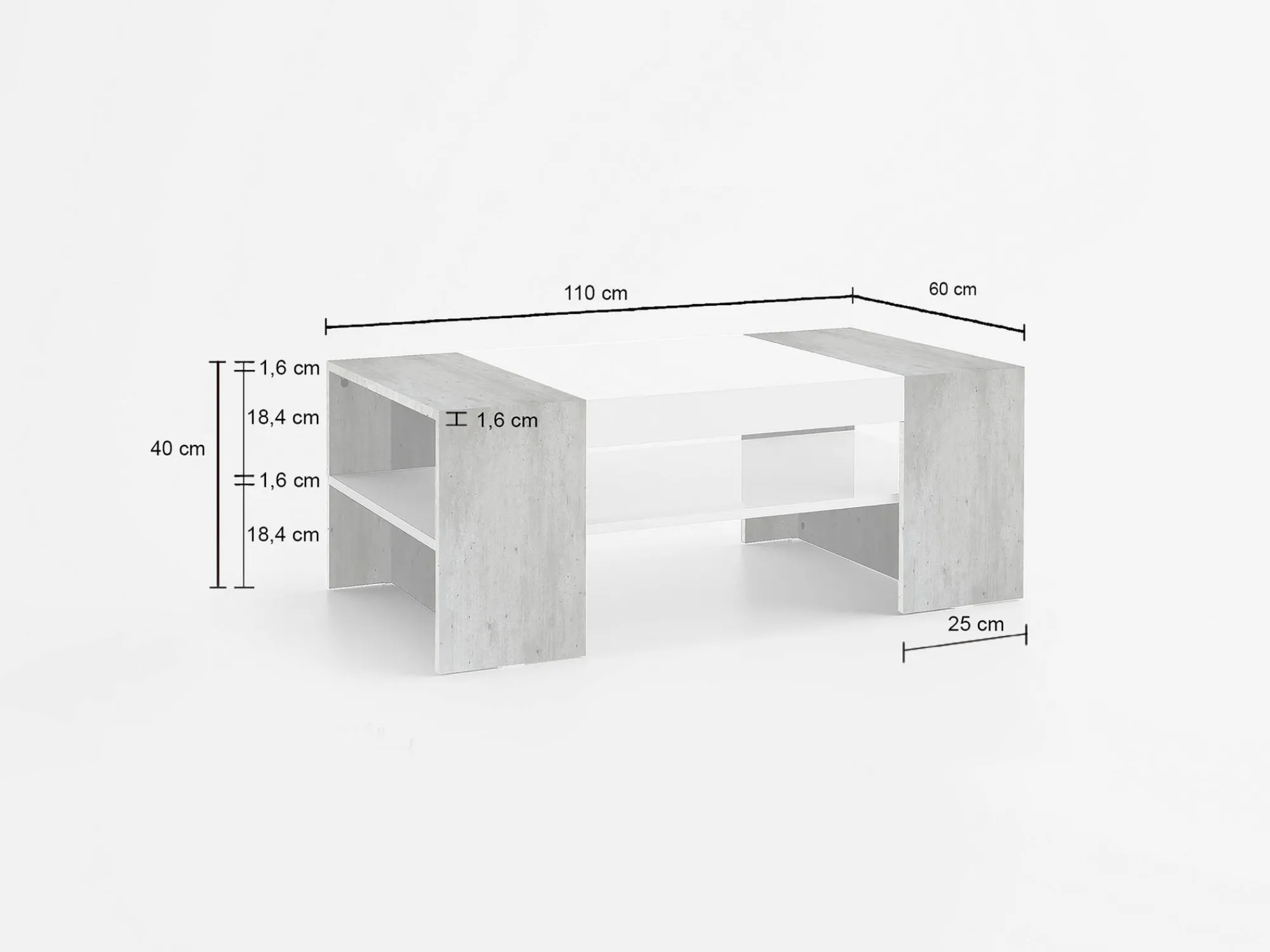 Tavolino da salotto Ashar, cm 110x60h40, Bianco lucido e Cemento<Dmora Hot