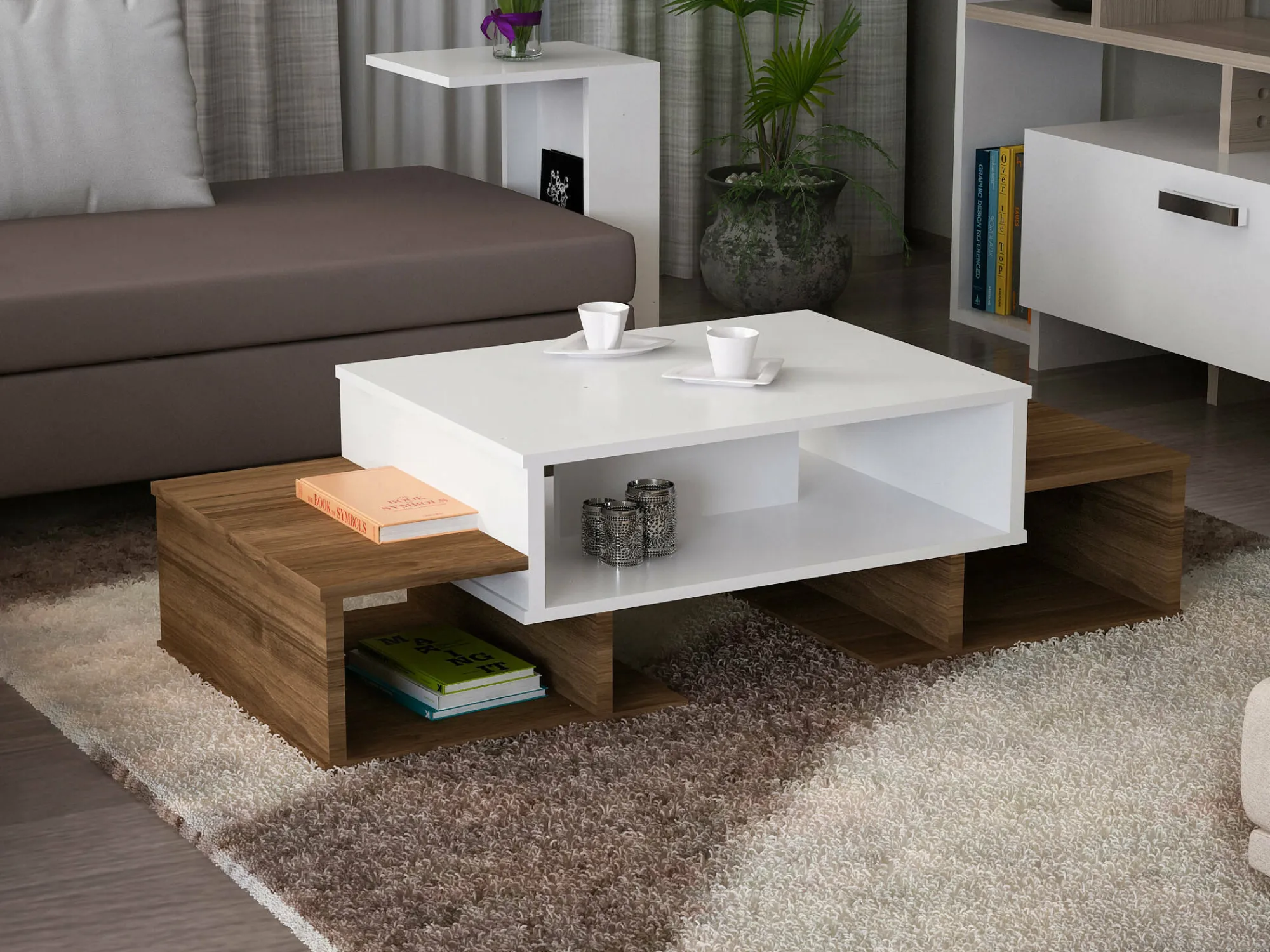 Tavolino da salotto Ddanielledesm, 103x60 h39 cm, Bianco e Noce<Dmora Sale