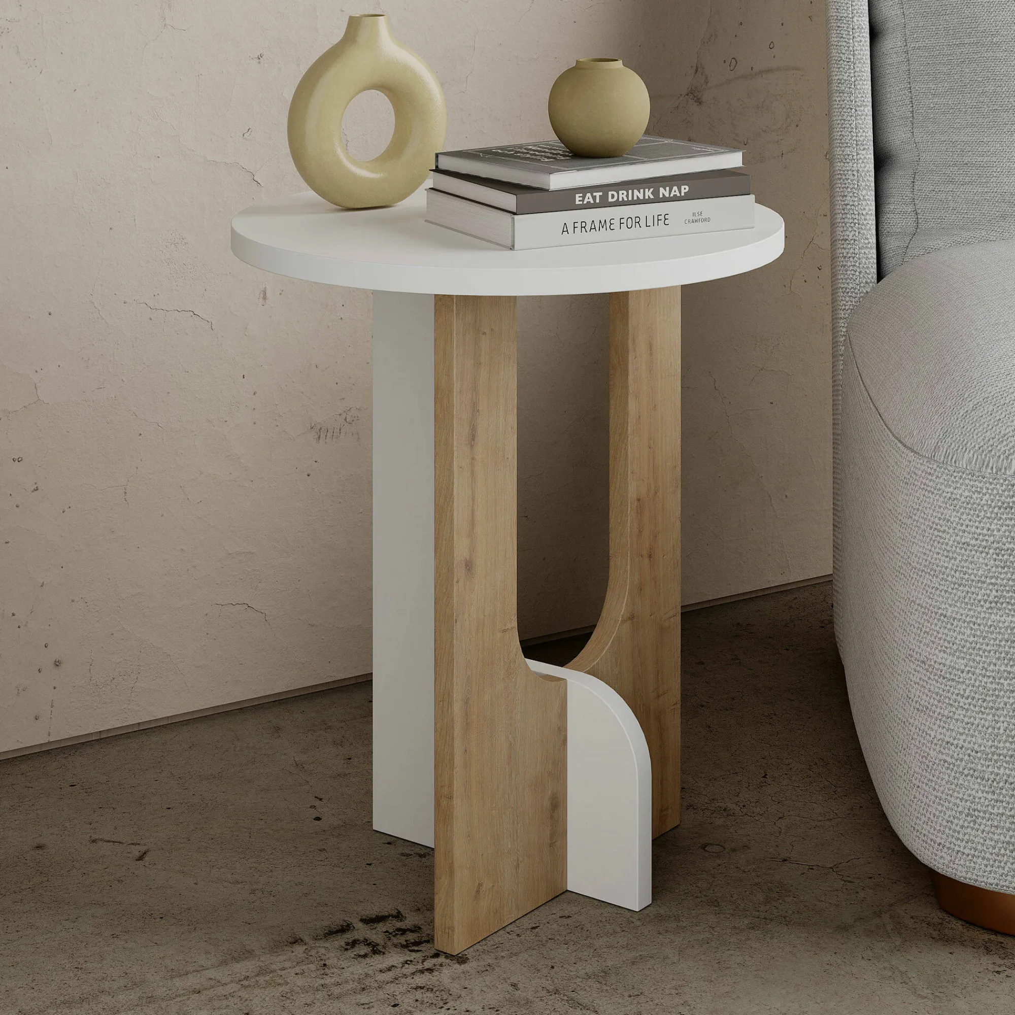 Tavolino da salotto Dpa, 40x40h47 cm, Bianco e Rovere<Dmora Fashion
