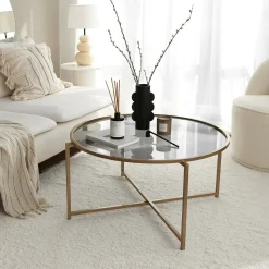 Tavolino da salotto Ecaterina, 83x83h40 cm, Oro e Tortora<Dmora Shop