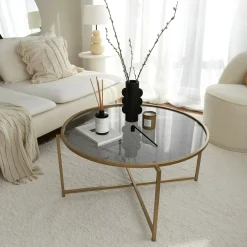 Tavolino da salotto Ecaterina, 83x83h40 cm, Oro e Tortora<Dmora Shop