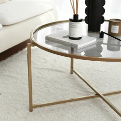 Tavolino da salotto Ecaterina, 83x83h40 cm, Oro e Tortora<Dmora Shop