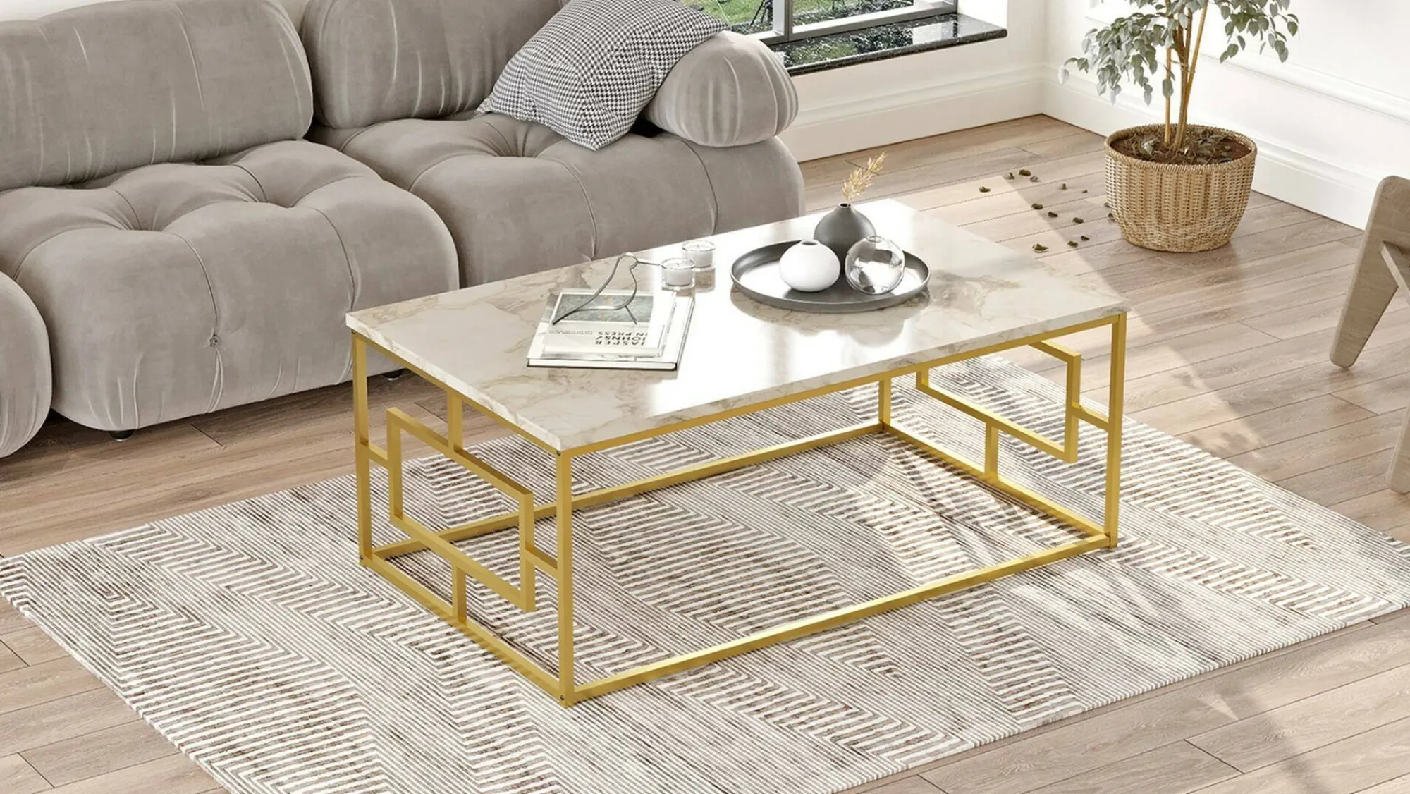 Tavolino da salotto Franca, 100x60h40 cm, Bianco Marmo e Oro<Dmora Outlet