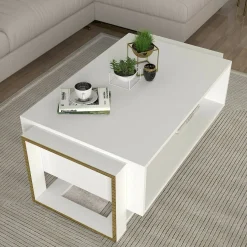 Tavolino da salotto Gigliola, 106x60h40 cm, Bianco e Oro<Dmora Best