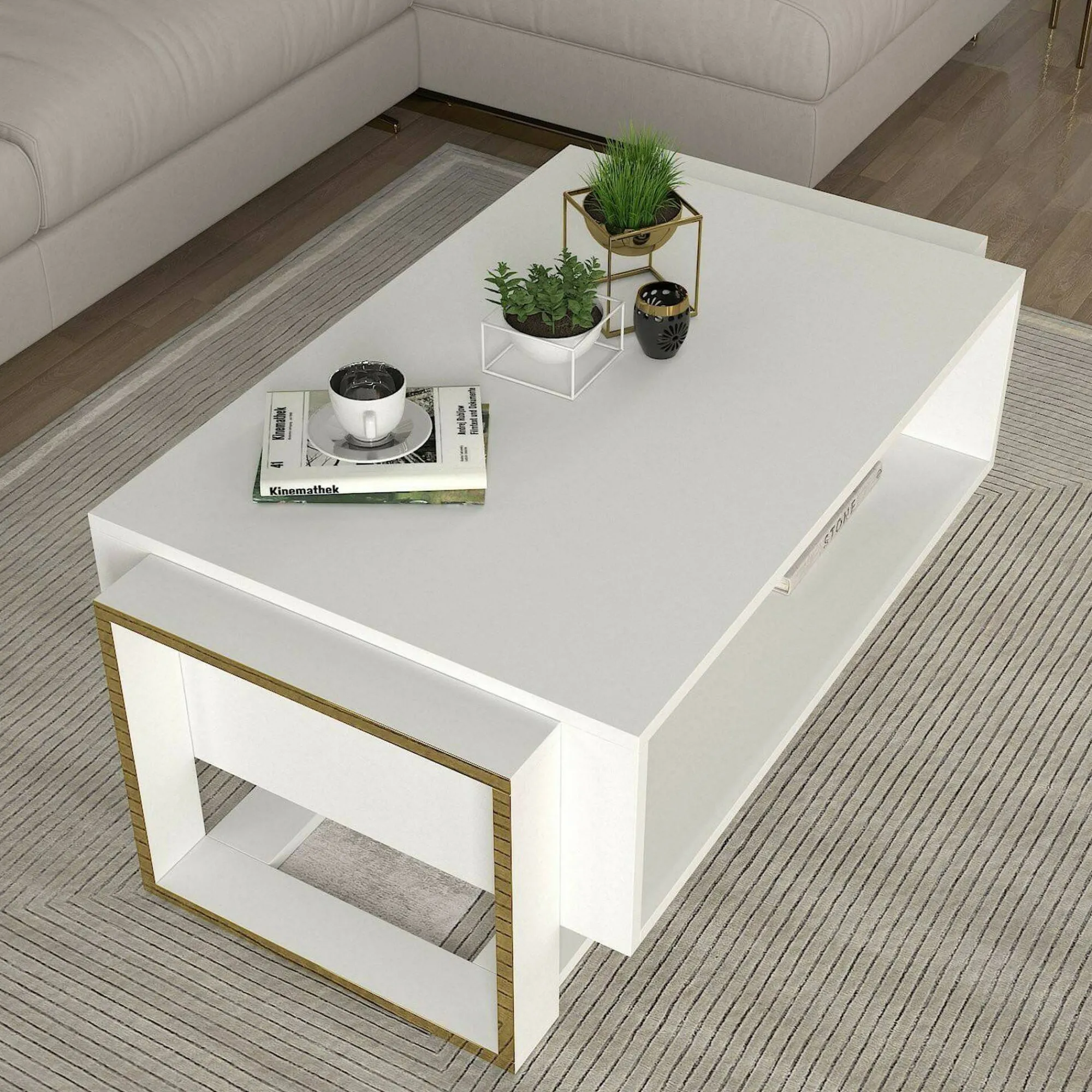 Tavolino da salotto Gigliola, 106x60h40 cm, Bianco e Oro<Dmora Best