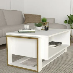 Tavolino da salotto Gigliola, 106x60h40 cm, Bianco e Oro<Dmora Best