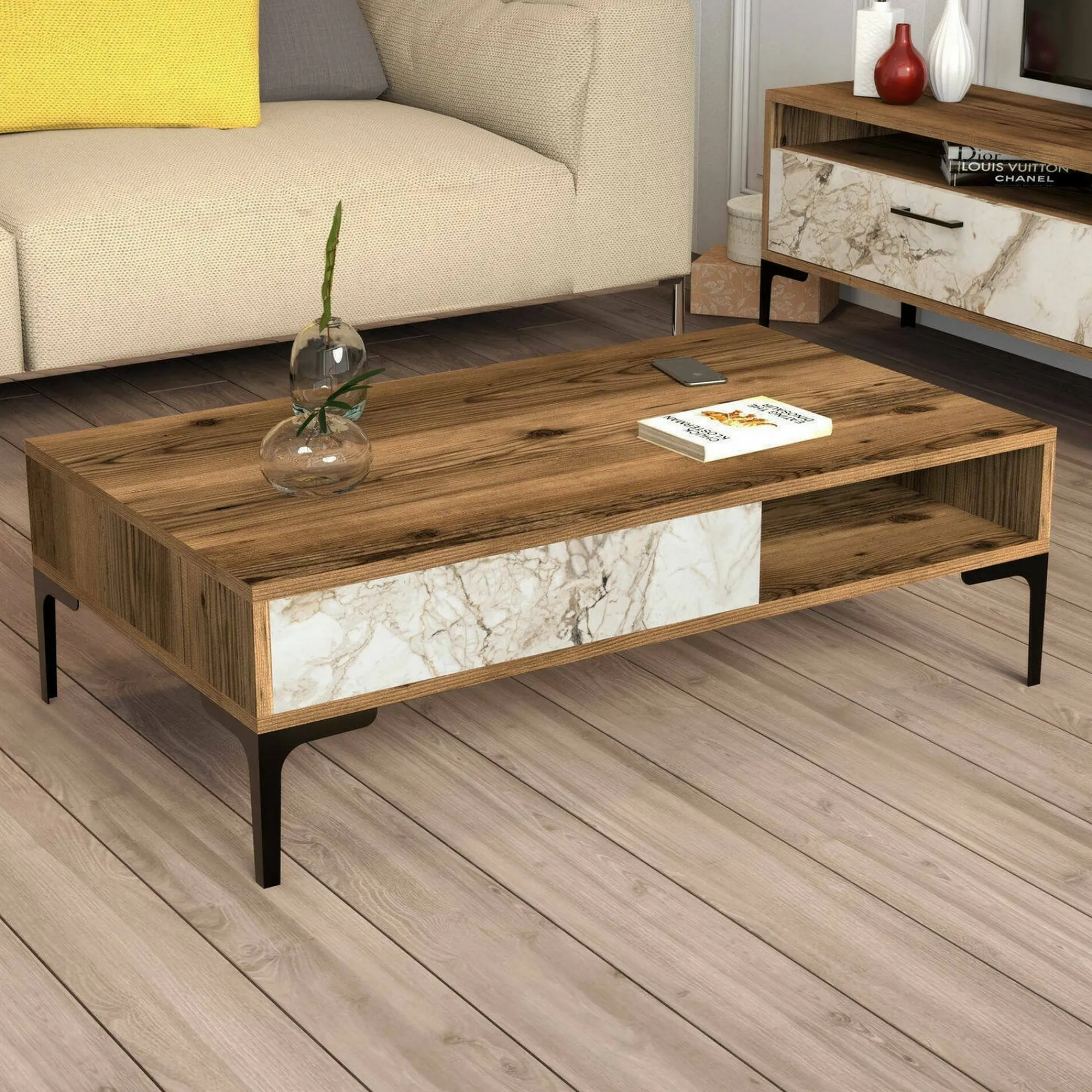 Tavolino da salotto Gru, 105x60h33 cm, Noce e Bianco<Dmora Hot