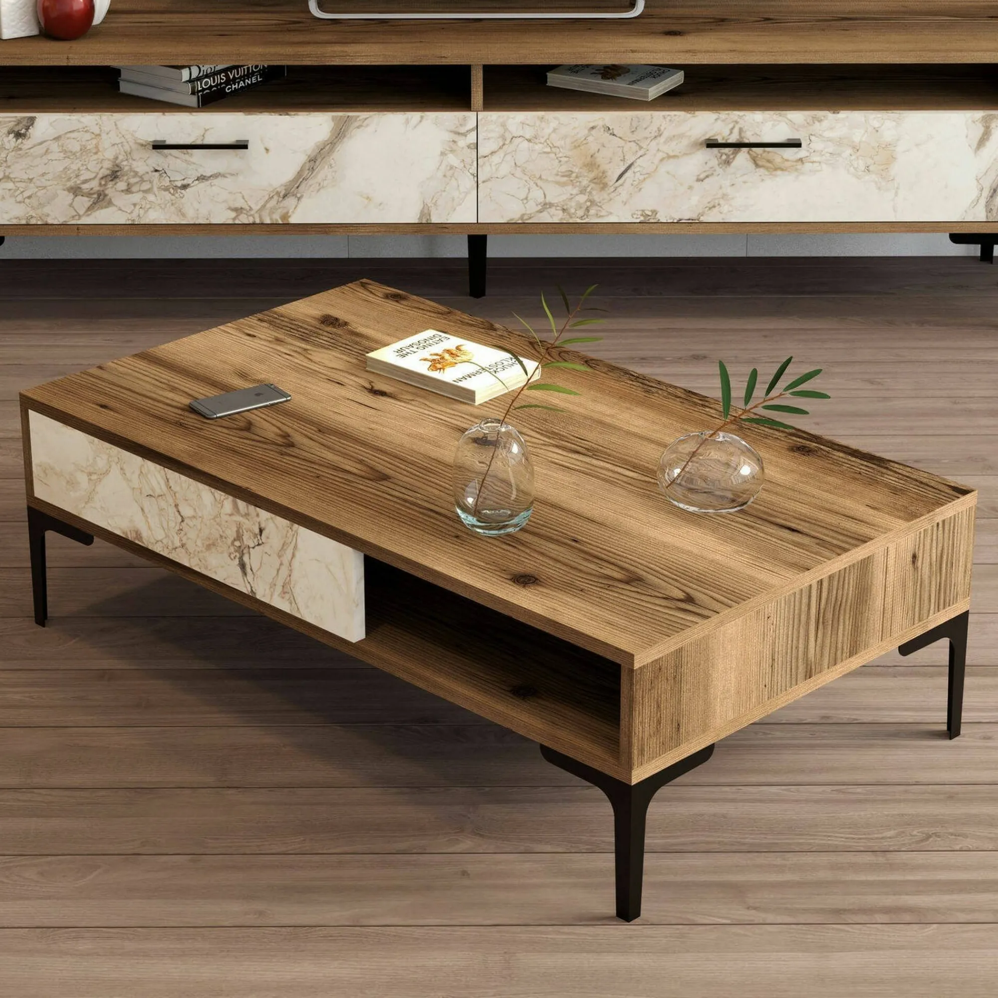 Tavolino da salotto Gru, 105x60h33 cm, Noce e Bianco<Dmora Hot