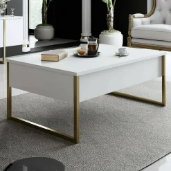 Tavolino da salotto Lavinia, 90x60h40 cm, Bianco e Oro<Dmora New