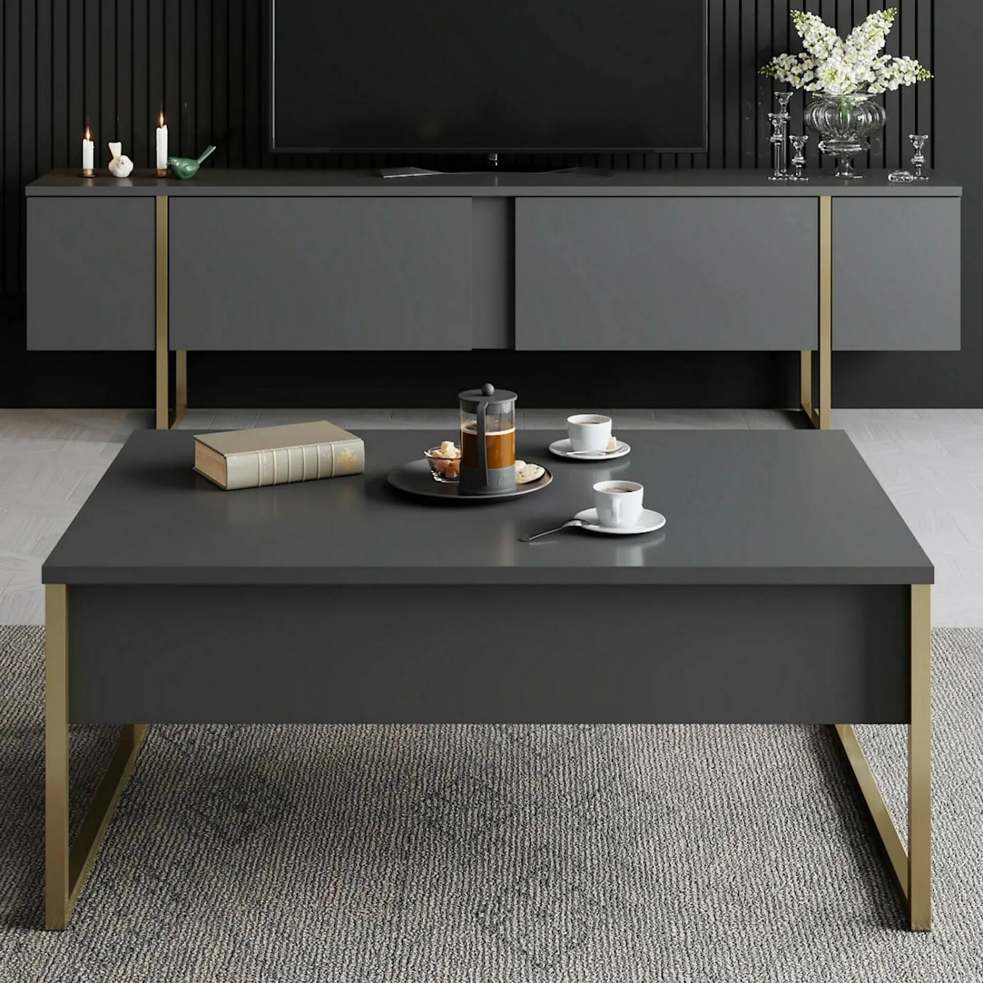 Tavolino da salotto Lavinia, 90x60h40 cm, Antracite e Oro<Dmora Discount