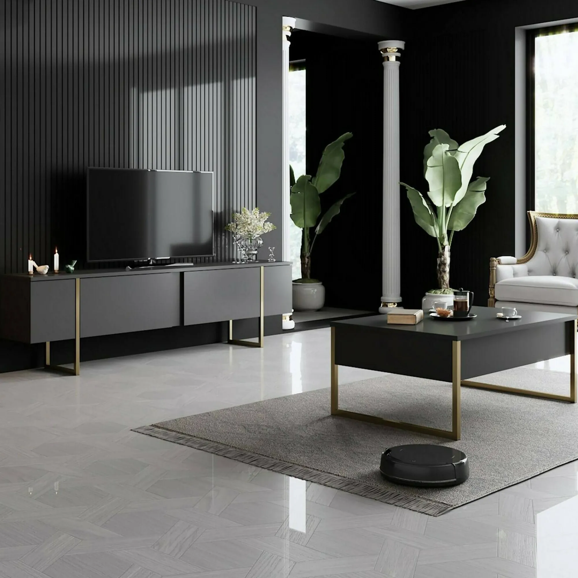 Tavolino da salotto Lavinia, 90x60h40 cm, Antracite e Oro<Dmora Discount