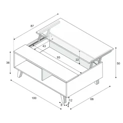 Tavolino da salotto Parche, 100x68h38 cm, Bianco lucido e Rovere<Dmora Fashion