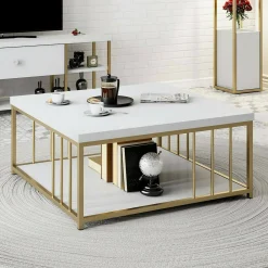 Tavolino da salotto Raiden, 90x39h40 cm, Bianco e Oro<Dmora Outlet