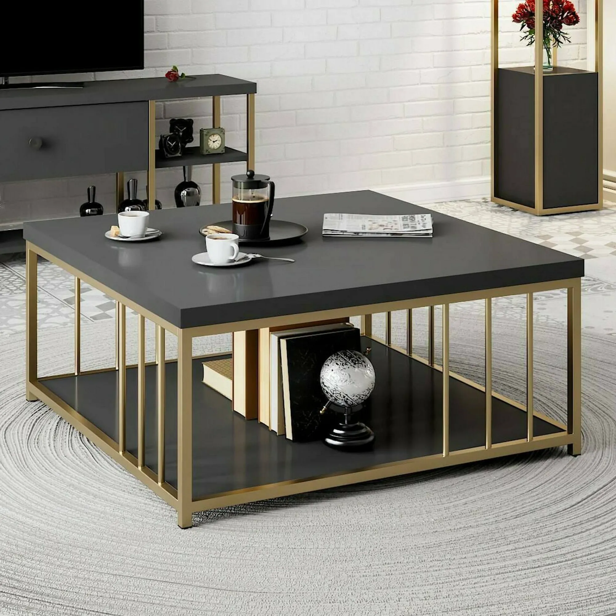 Tavolino da salotto Raiden, 90x90h40 cm, Antracite e Oro<Dmora Best