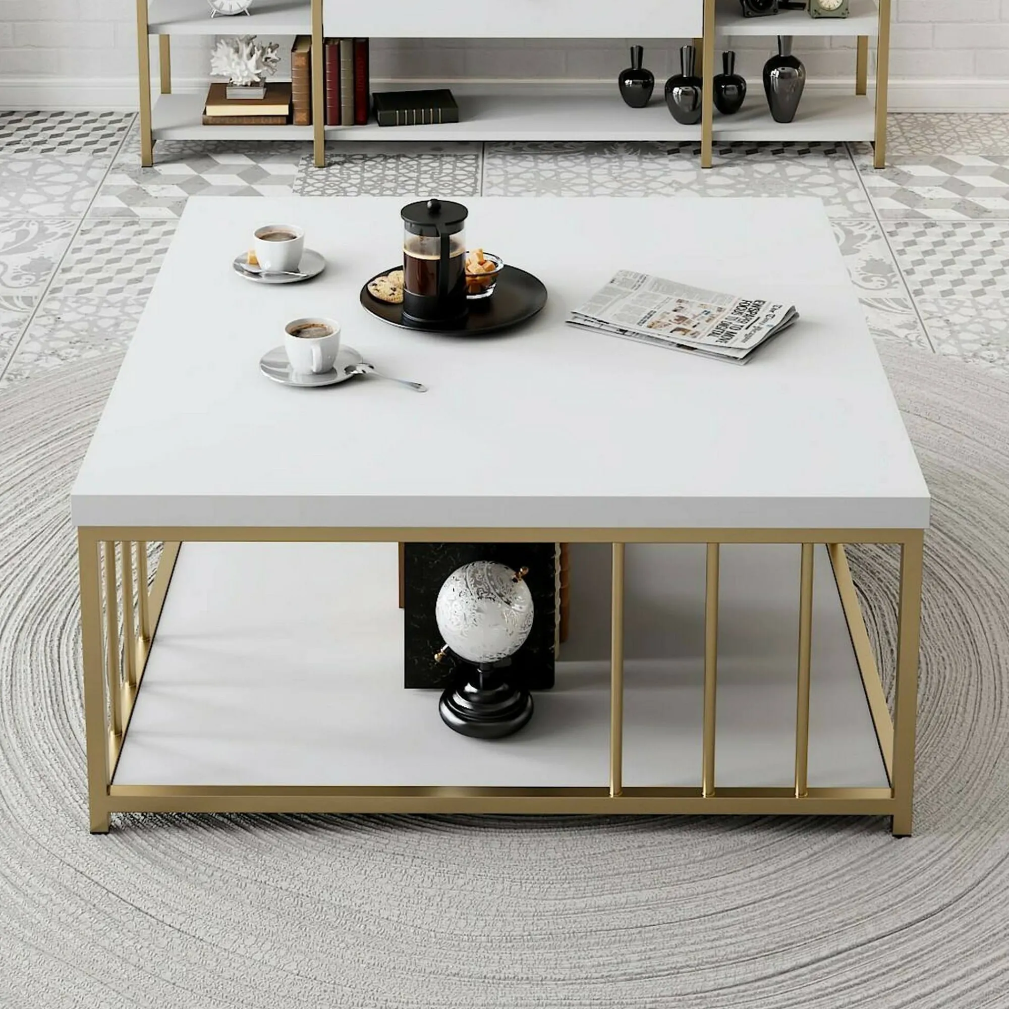 Tavolino da salotto Raiden, 90x39h40 cm, Bianco e Oro<Dmora Outlet