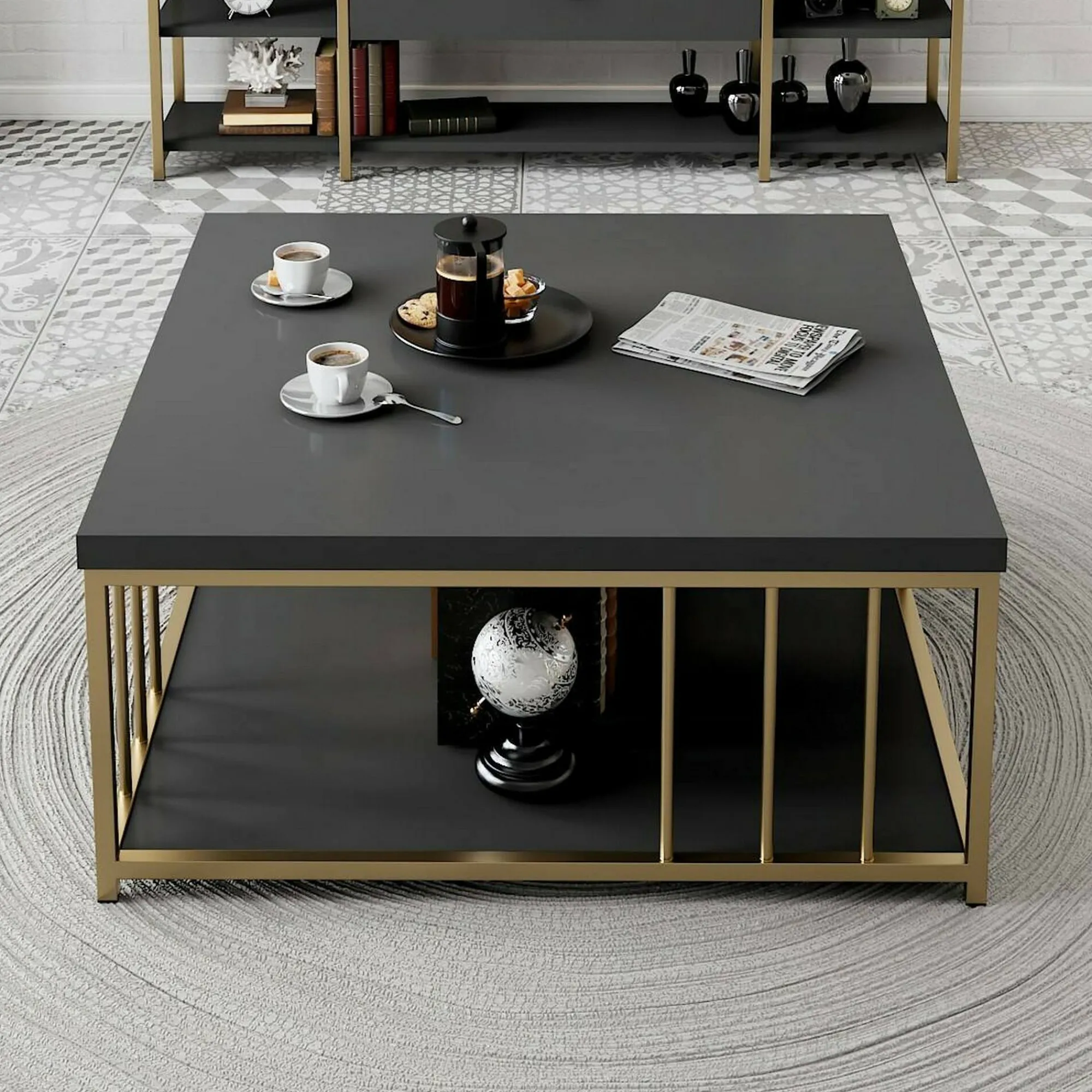 Tavolino da salotto Raiden, 90x90h40 cm, Antracite e Oro<Dmora Best