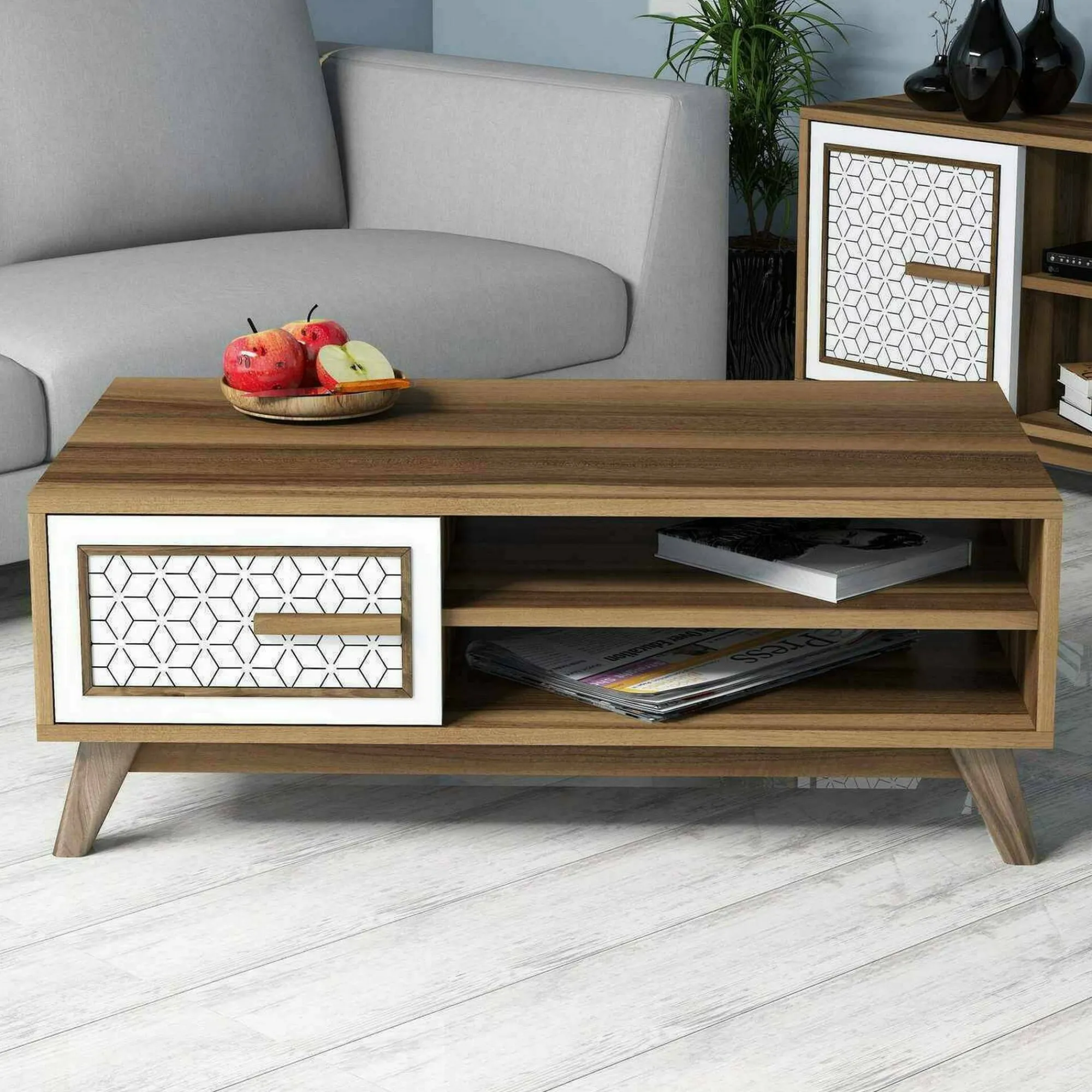 Tavolino da salotto Thimphu, 105x60h38 cm, Noce e Bianco<Dmora Sale