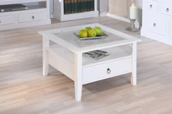 Tavolino in pino massello verniciato ad acqua e top in vetro temperato<Dmora Shop