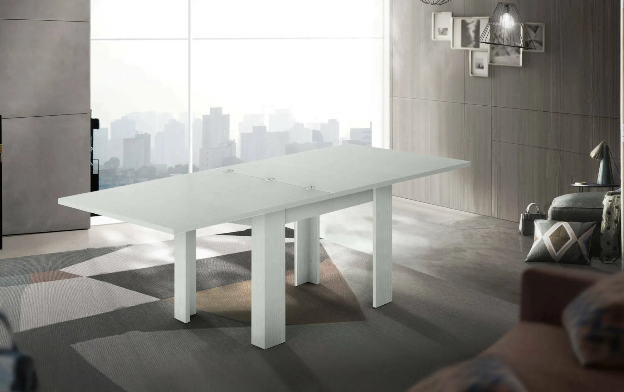 Tavolo allungabile Airin, cm 90x90h75, Bianco lucido Larice<Dmora Outlet