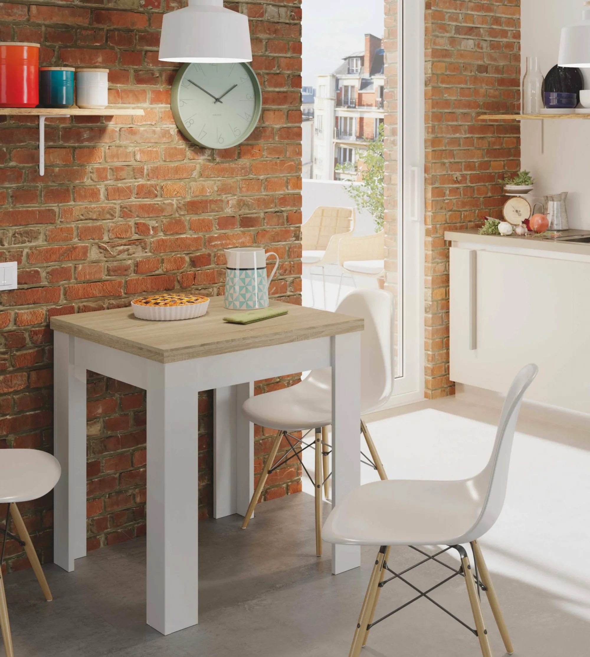 Tavolo allungabile Aratro, 67x67/135h79 cm, Bianco e Rovere<Dmora Clearance