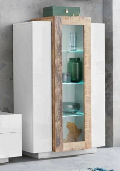 Vetrina Ablaze, cm 80x38h121, Bianco lucido e Acero<Dmora Outlet