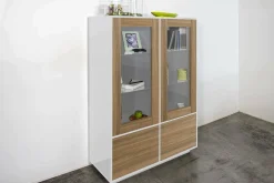 Vetrina Agostino, cm 100x41h146, Bianco lucido e Noce<Dmora Shop