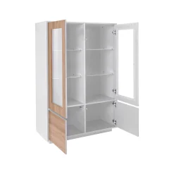 Vetrina Agostino, cm 100x41h146, Bianco lucido e Noce<Dmora Shop