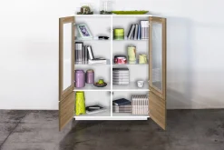 Vetrina Agostino, cm 100x41h146, Bianco lucido e Noce<Dmora Shop