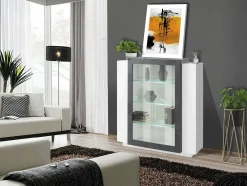 Vetrina Austino, cm 120x45h115, Bianco lucido e Ardesia<Dmora Best