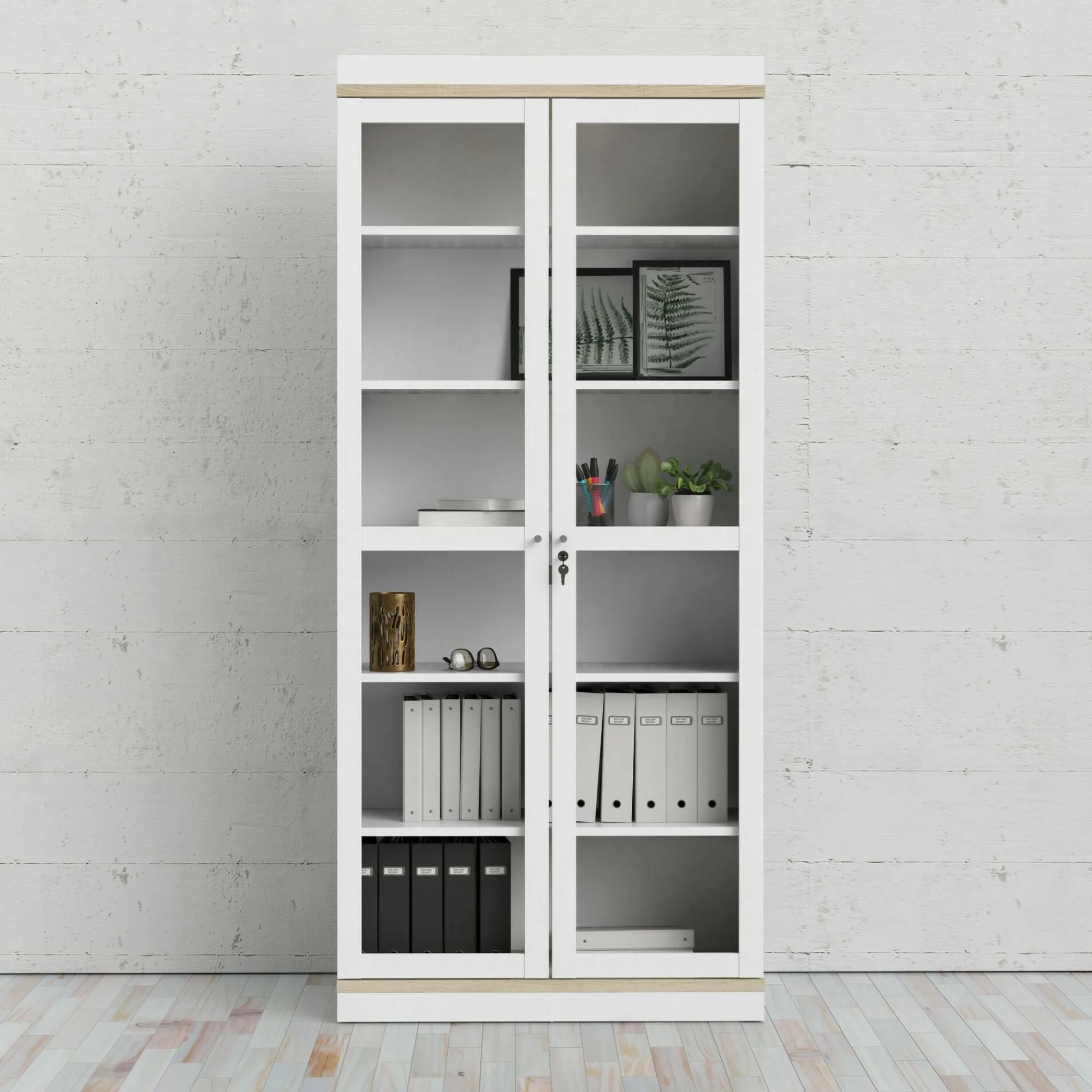 Vetrina Axinte, 89x36 h200 cm, Bianco e Quercia<Dmora Shop