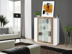 Vetrina Dlamagn, cm 120x45h115, Bianco lucido e Acero<Dmora Shop