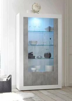Vetrina Dporzingi, 110x42 h190 cm, Bianco lucido e Cemento<Dmora Online