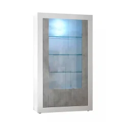 Vetrina Dporzingi, 110x42 h190 cm, Bianco lucido e Cemento<Dmora Online