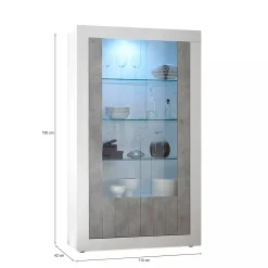 Vetrina Dporzingi, 110x42 h190 cm, Bianco lucido e Cemento<Dmora Online